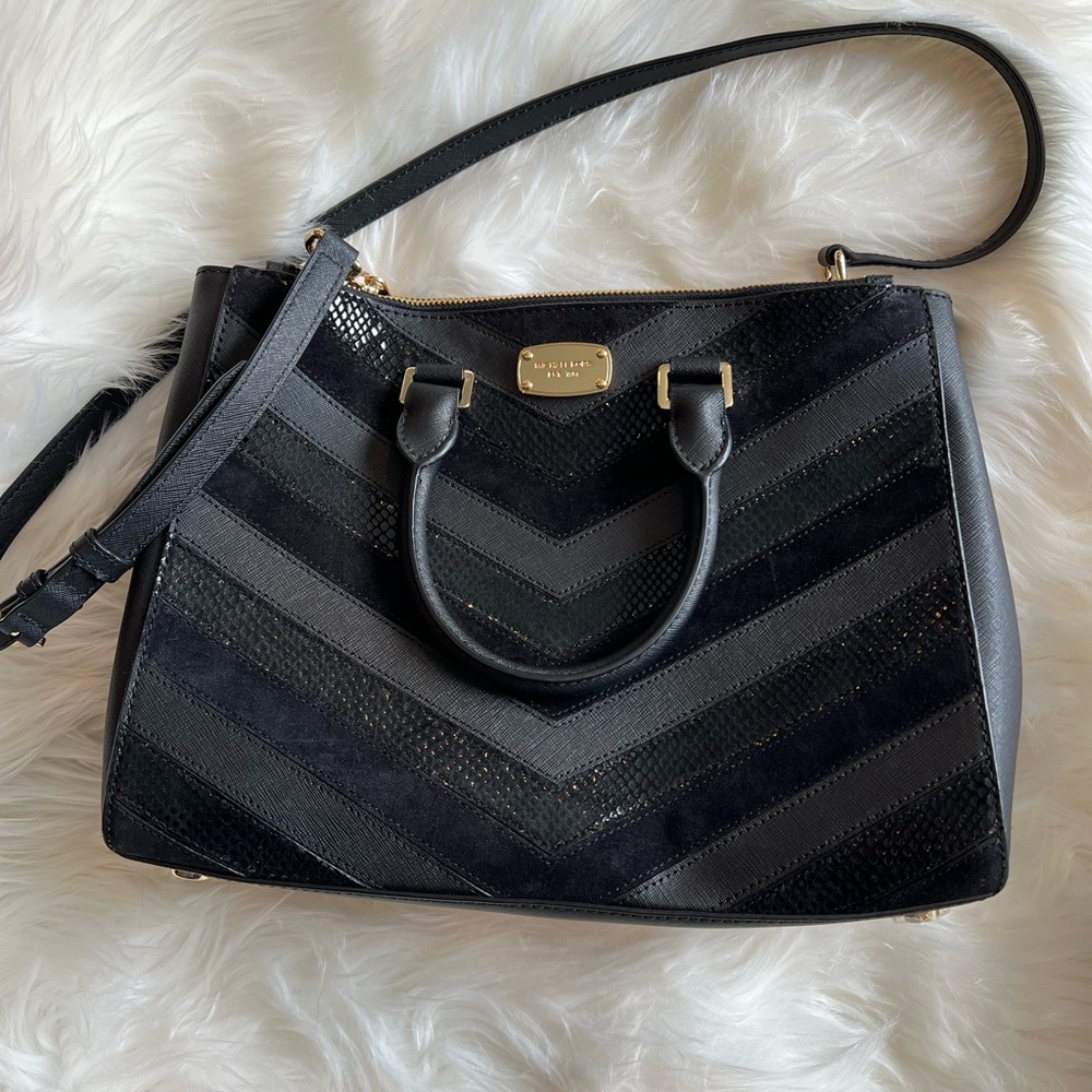 MICHAEL Michael Kors Black and Gray Chevron Satchel